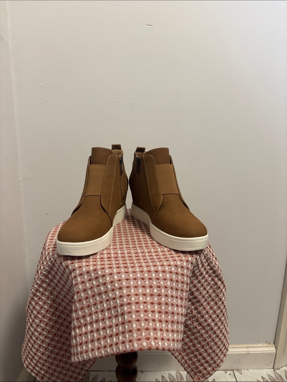 Never worn Journee Collection Tan Wedge Ankle Booties with White Platform